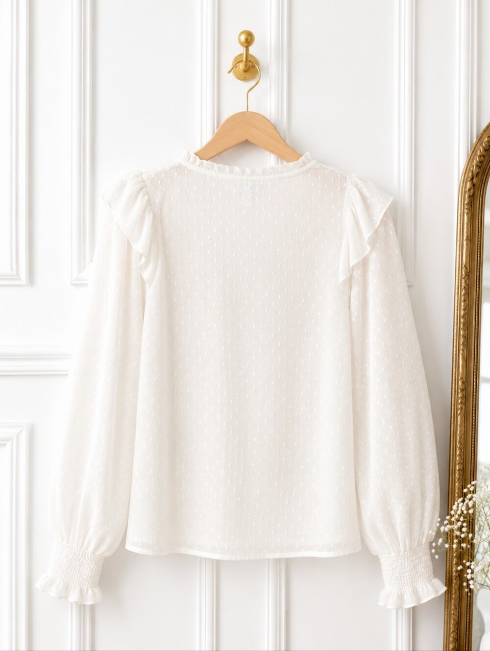 BCX Semi Sheer Swiss Dot Ruffle Blouse Size Large White Long Sleeve Romantic - Picture 6 of 8